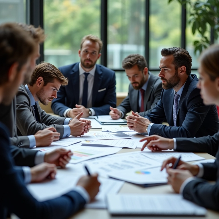 Teoria da Agência: O Conflito de Interesses Entre Dono e Gestor Reunião tensa de negócios com conflito de interesses visível entre dono e gestores.