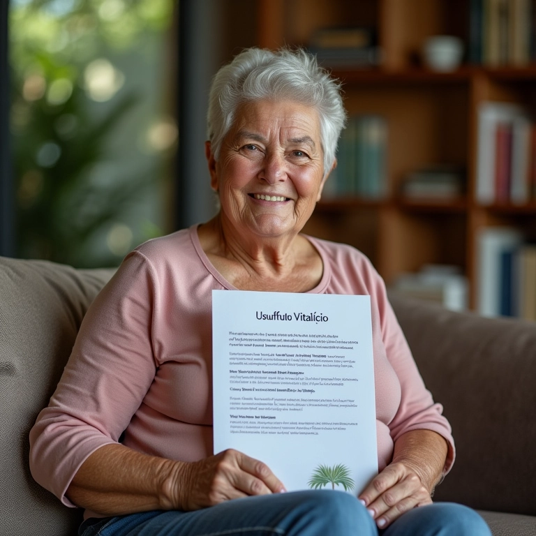 Senhora relaxa em casa com documento de usufruto vitalício em SP.