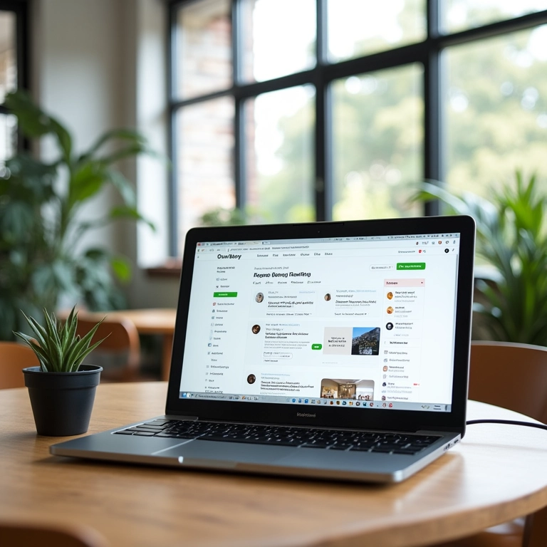 Site Upwork exibido em um computador, mostrando perfis de freelancers e ofertas de trabalho.