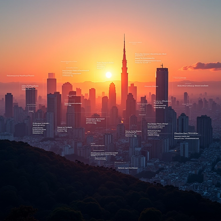 Skyline de São Paulo ao pôr do sol com infográfico sobre impacto social.