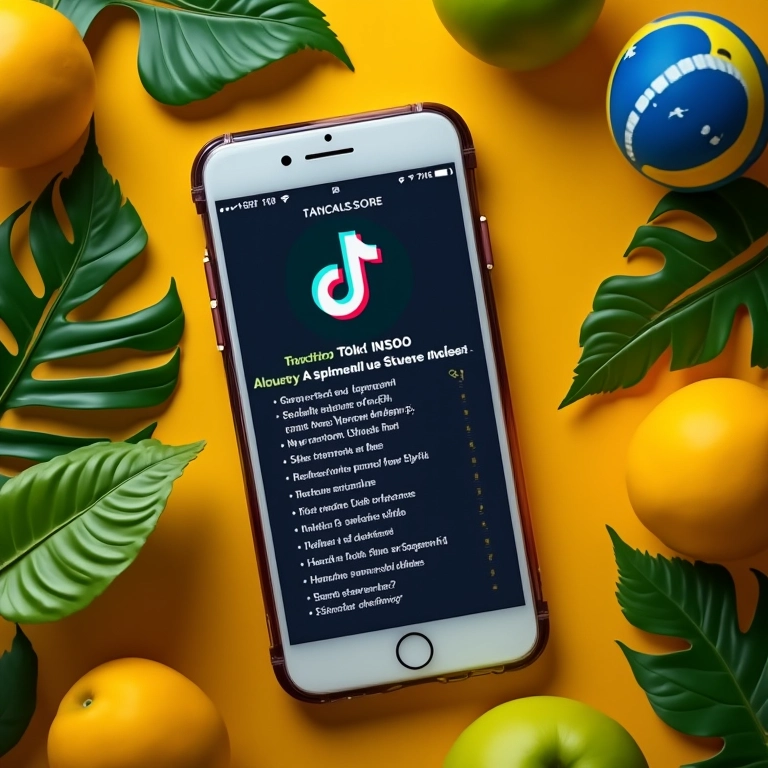Smartphone mostrando hashtags estratégicas do TikTok com design brasileiro.