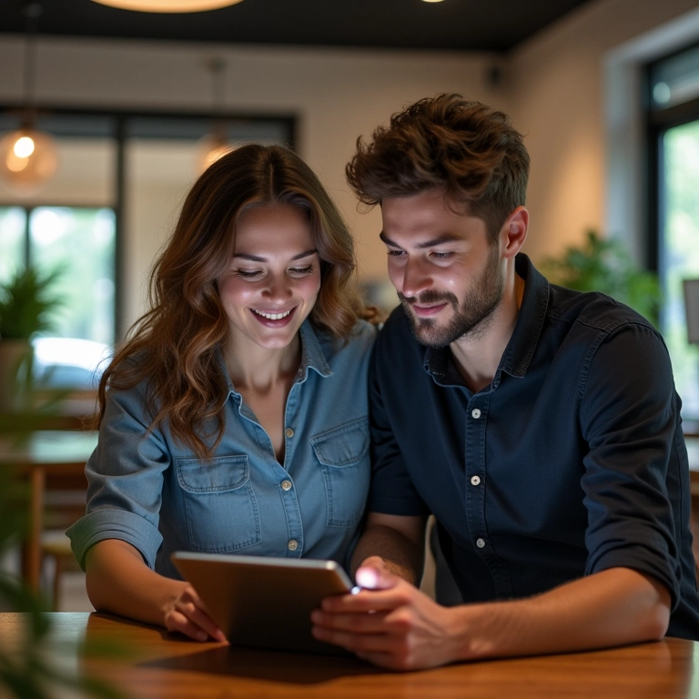 Sócios colaborando em tablet em espaço de coworking, representando facilidade na gestão da Sociedade Limitada.