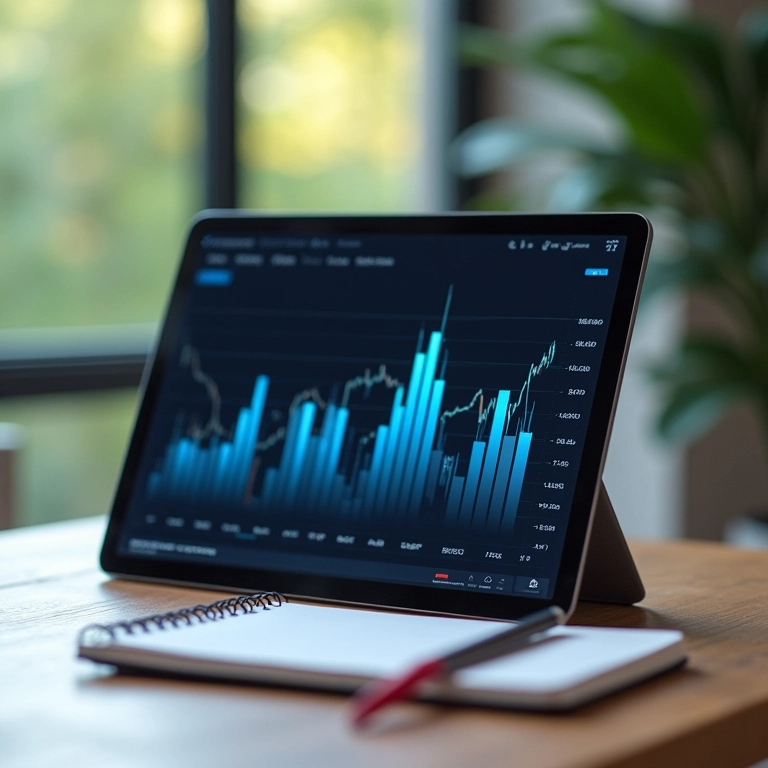 Tablet mostrando gráficos de investimento em alta, representando investimento inteligente.