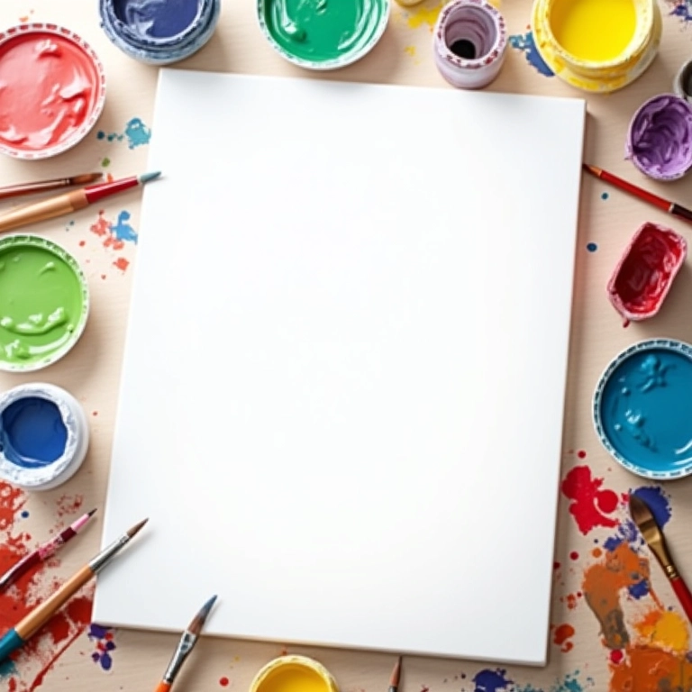 Tela em branco com pincéis e tintas coloridas, representando a criação da mensagem central da marca.