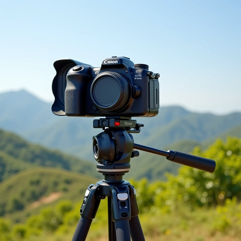 Tripé robusto segurando câmera profissional com paisagem brasileira.