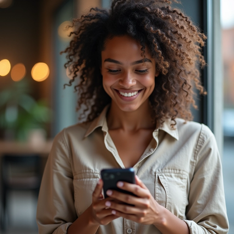 Usuária sorrindo ao navegar em loja virtual com design responsivo.