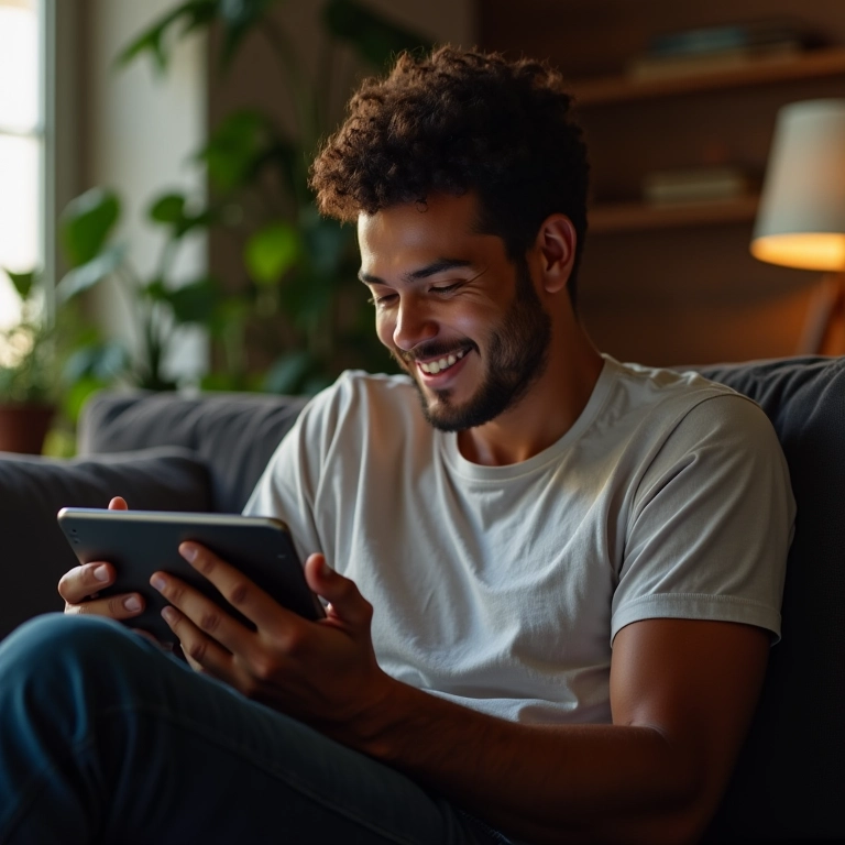 Usuária sorrindo enquanto lê conteúdo interessante em um tablet.
