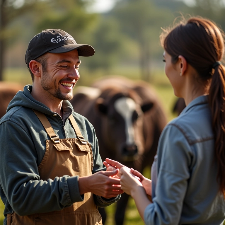 Vendedor oferecendo um upgrade de produto para cliente satisfeito.