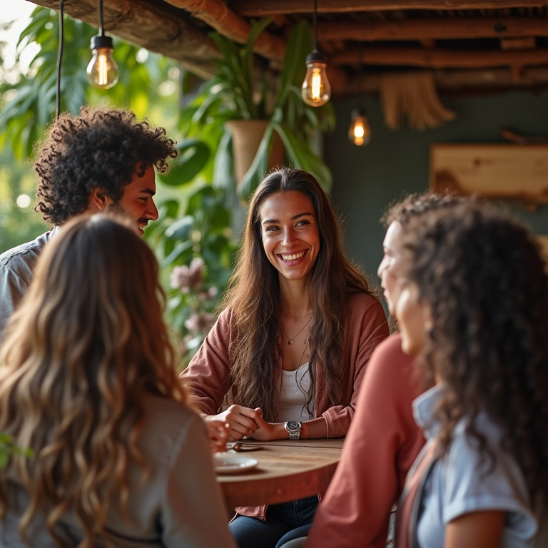 Viajantes diversos fazendo check-in em um Airbnb acolhedor.
