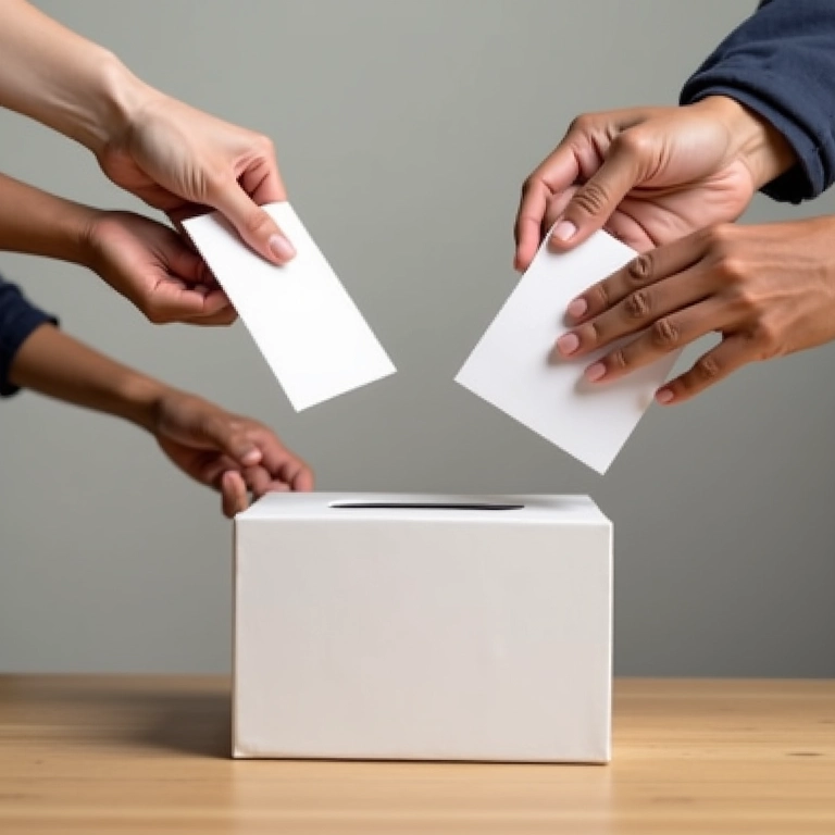 Votação secreta: mãos diversas depositando votos em uma urna.