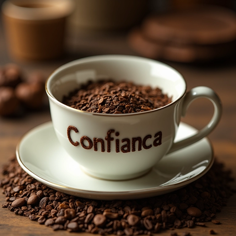 Xícara de chá com a palavra 'Confiança' escrita com folhas de chá.