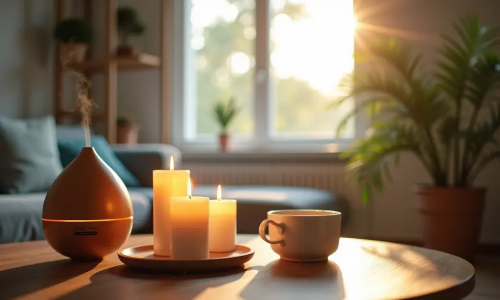 Dicas para um Ecommerce de Produtos para Aromaterapia e Bem Estar Ambiente aconchegante com difusores e velas para aromaterapia, promovendo bem-estar.