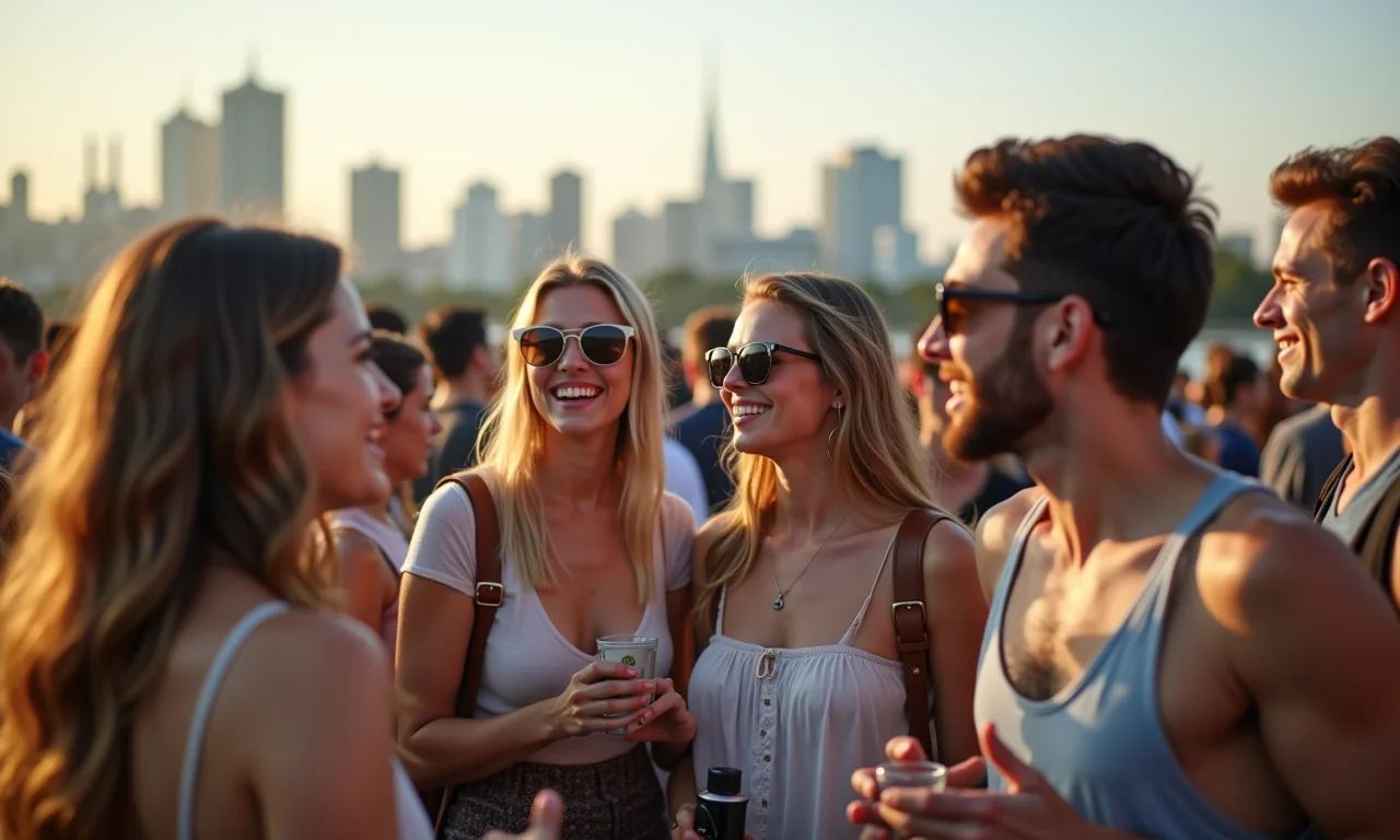 Amigos consultando a programação dos shows do festival.