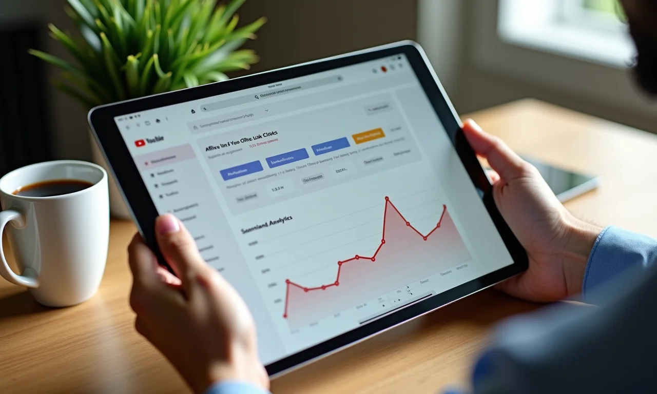 Análise de métricas de links de afiliados no YouTube em um tablet.