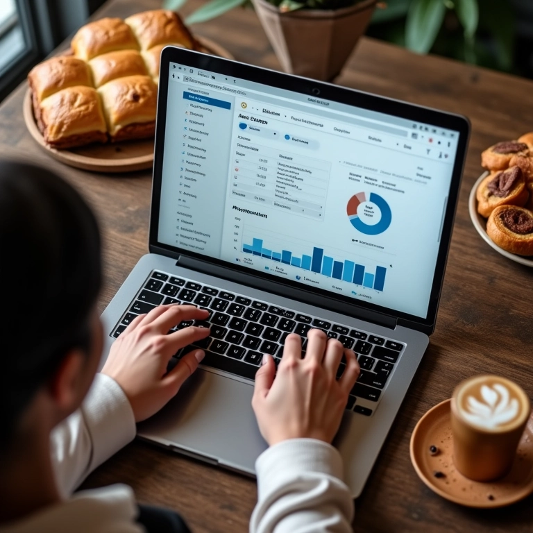 Análise de métricas de redes sociais em laptop com café e doces brasileiros.