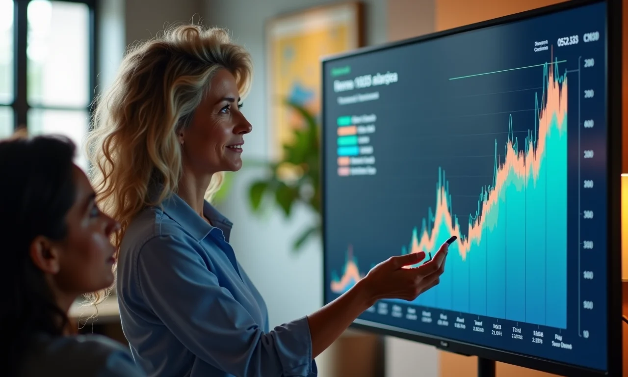 Analista financeira brasileira apresentando dados de investimento em reunião.