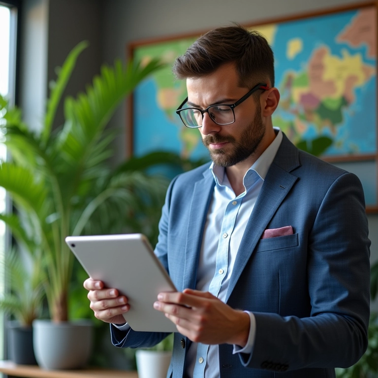 Analista financeiro revisando dados da margem de lucro líquido em um tablet em um escritório.