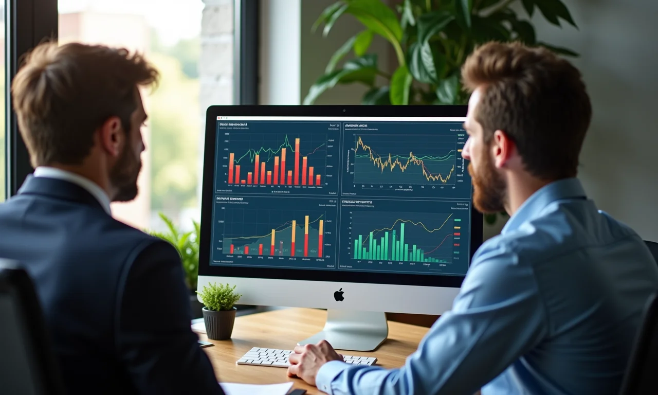 Analistas financeiros revisando portfólios de investimento em um escritório moderno.