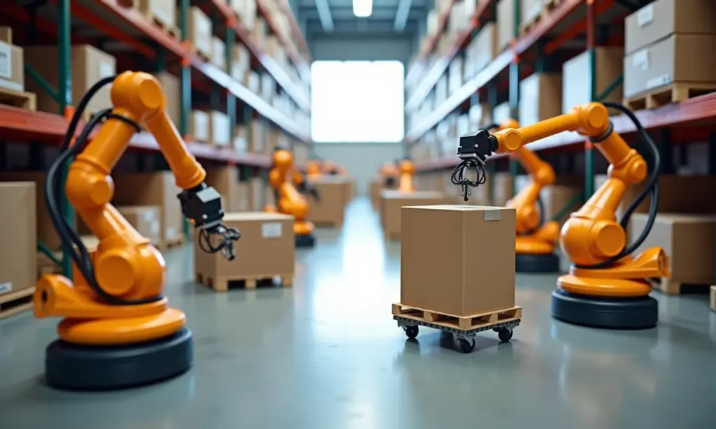 Otimize a Logística Reversa do Seu Ecommerce Com IA Armazém de e-commerce com robôs de IA otimizando a logística reversa.