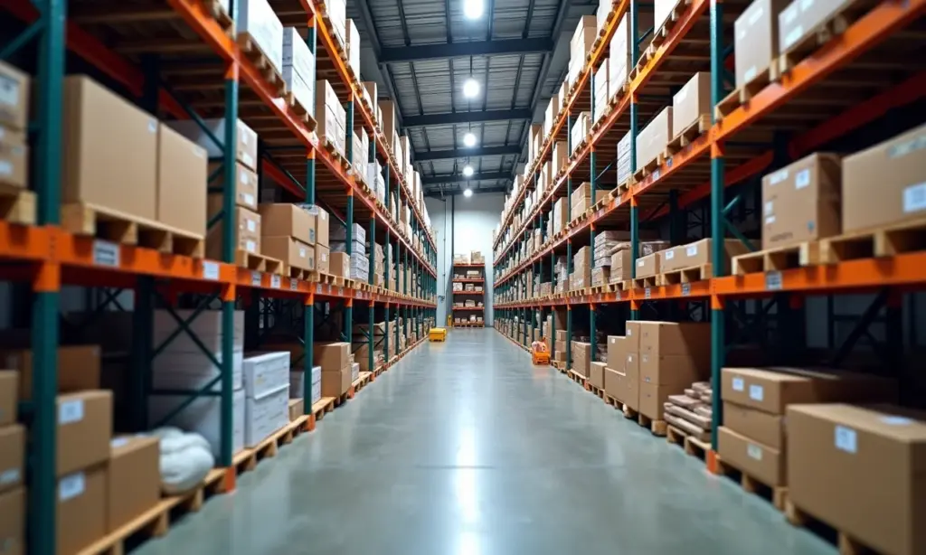 Armazém de materiais de construção bem organizado, com prateleiras cheias de produtos.