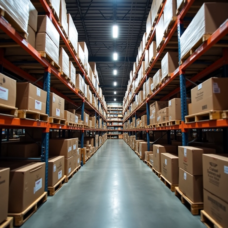 Armazém superlotado com prateleiras desorganizadas, refletindo a dificuldade na gestão de estoque.