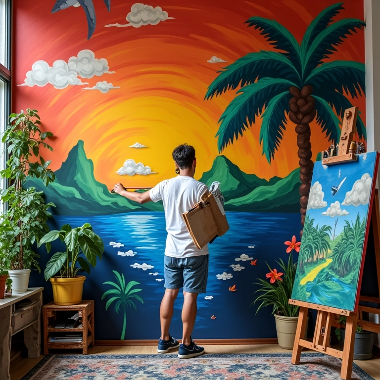 Artista brasileira criando uma pintura inspirada em viagens.