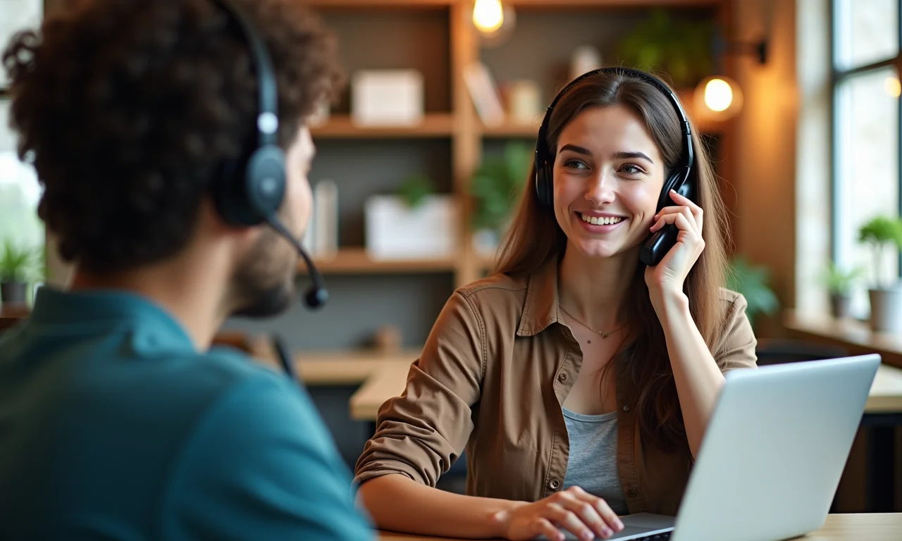 Atendente de e-commerce ajudando cliente ao telefone, transmitindo honestidade e empatia.