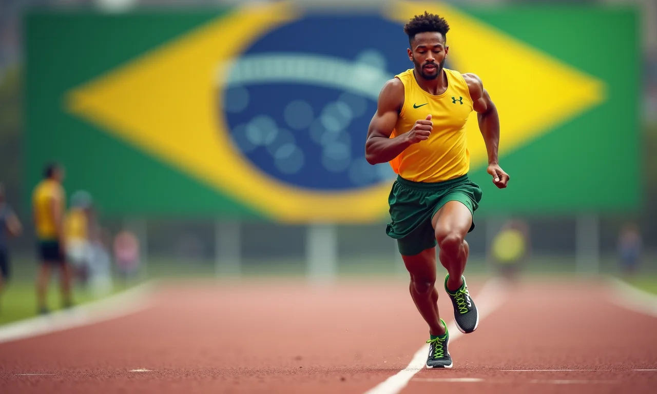 Atleta correndo novamente na pista após lesão, com a bandeira brasileira ao fundo.