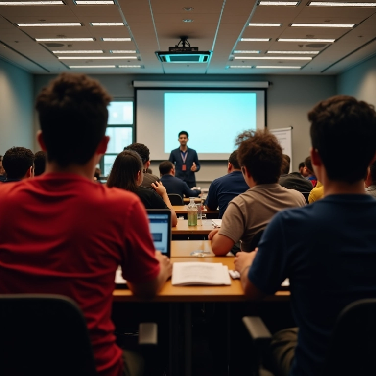 Aula no SEBRAE-SP com alunos diversos e instrutor engajado.