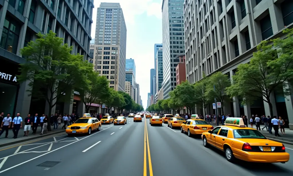 Turismo de Negócios em SP Eventos e Feiras Avenida movimentada em São Paulo com prédios e pessoas de negócios.