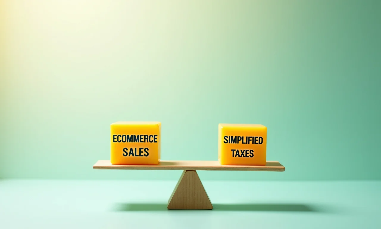 Balança equilibrada com 'Vendas Ecommerce' e 'Impostos Simplificados', representando o Anexo I.