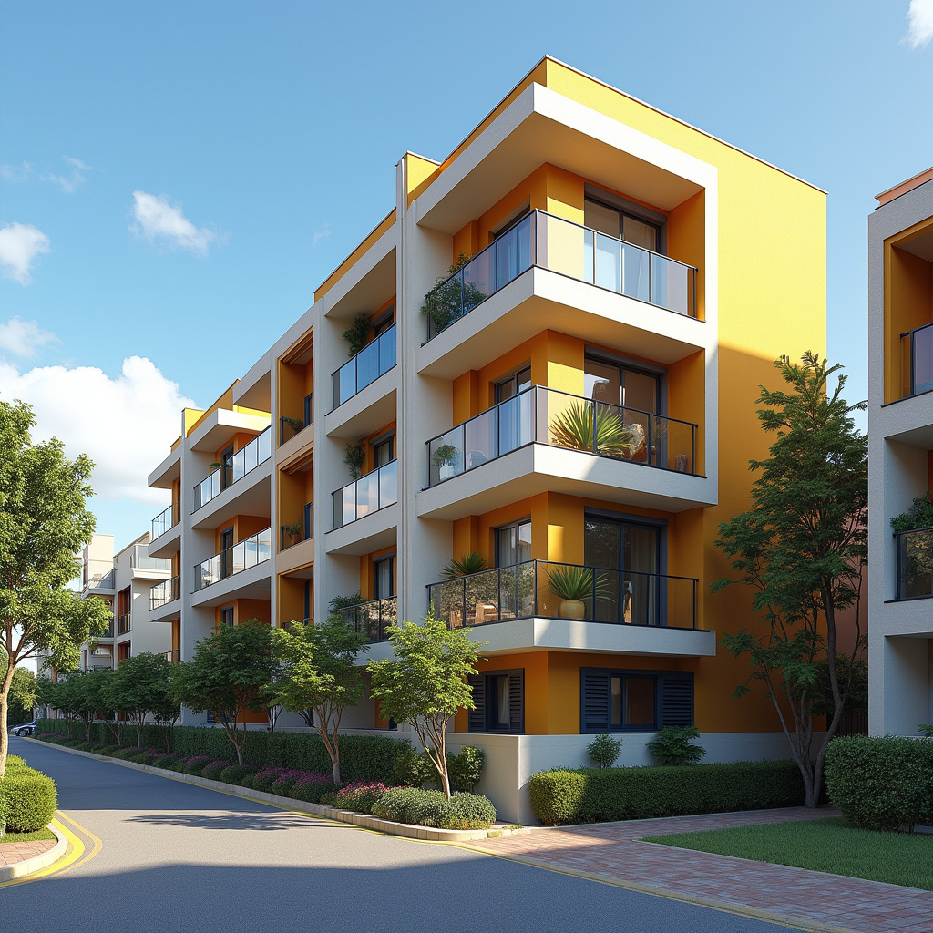 Balneário Camboriú neighborhood, modern compact apartments, vibrant street scene, Brazilian Bairro de Balneário Camboriú com apartamentos compactos modernos.