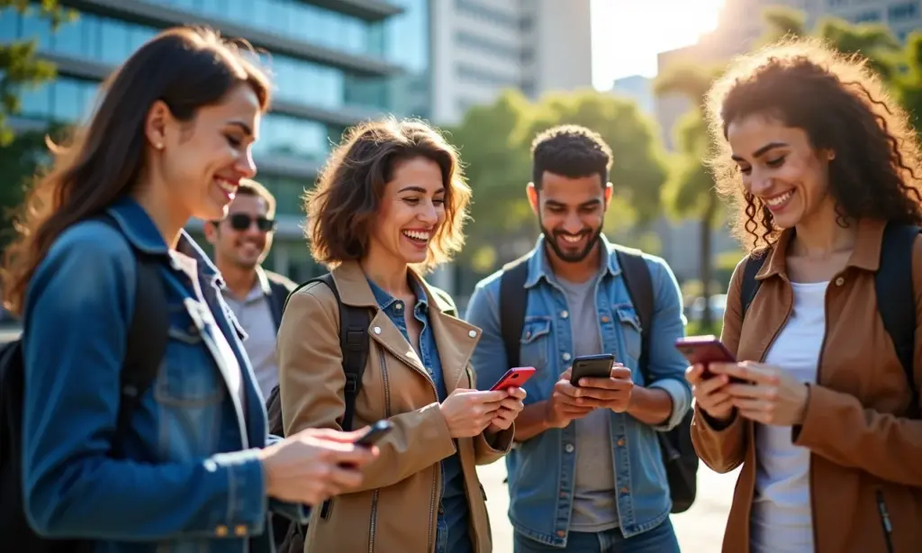 PIS PASEP em SP Como Consultar e Sacar Brasileiros diversos consultando informações sobre o PIS/PASEP em seus smartphones com a Caixa Econômica Federal ao fundo.