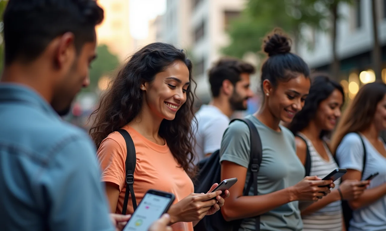 Brasileiros diversos interagindo com anúncios online em ambiente urbano.