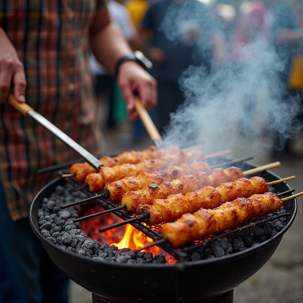 Brazilian street food vendor grilling 'espetinhos' on a charcoal barbecue, vibrant colors, natural Homem assando espetinhos em churrasqueira de rua.