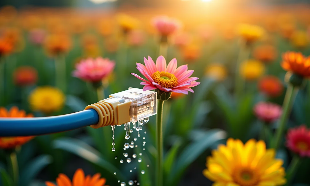 Cabos de rede se transformando em flores, simbolizando a economia de largura de banda.
