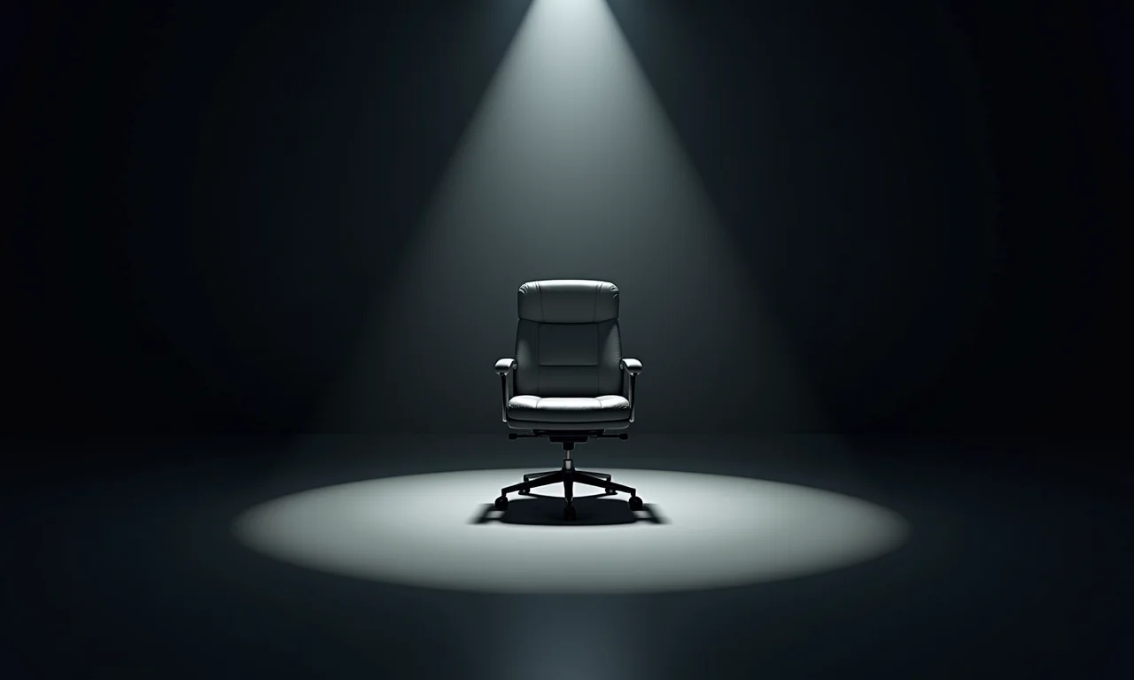Cadeira de escritório vazia sob foco de luz, representando a falta de reconhecimento.