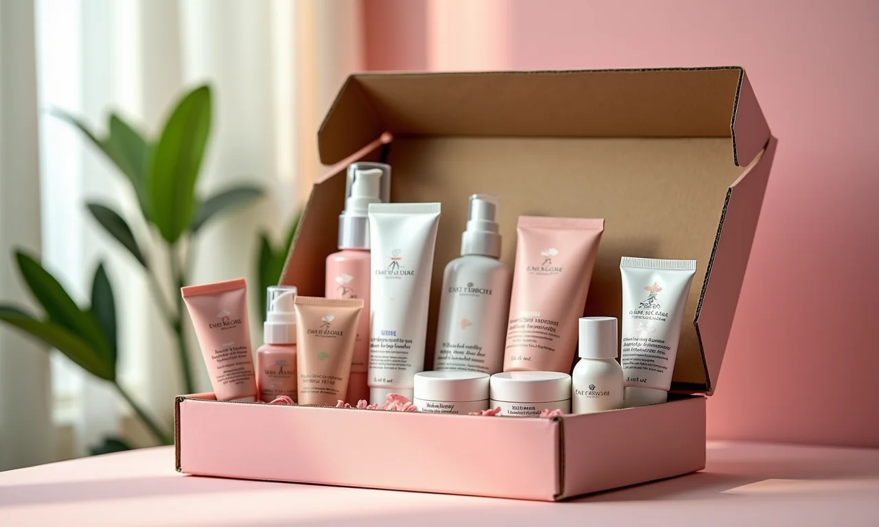 Caixa de assinatura com produtos de beleza cuidadosamente selecionados e personalizados.