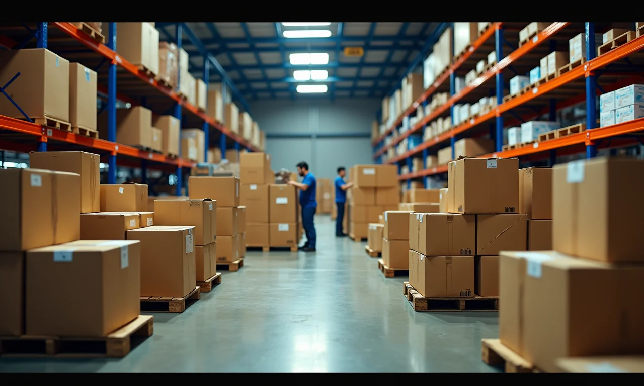 Caixas de produtos em um armazém organizado para e-commerce.