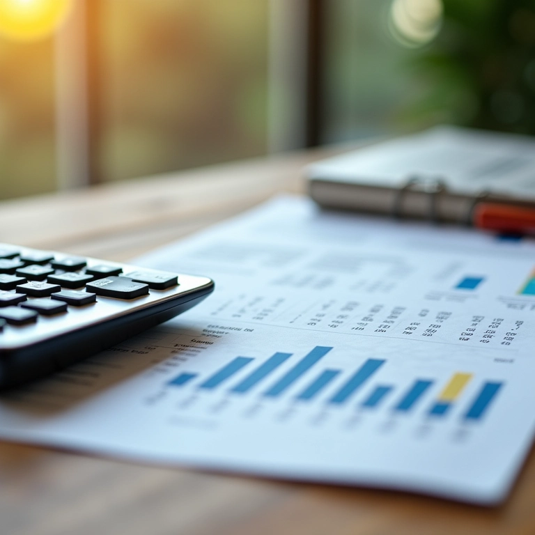 O Que é Margem de Contribuição Unitária e Como Calcular Calculadora e documentos financeiros em mesa de madeira, representando cálculo da margem de contribuição.