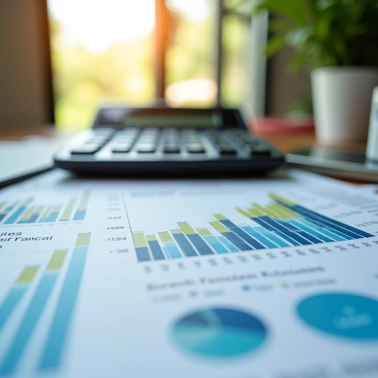 Calculadora e relatórios financeiros detalhando a margem de lucro bruto em um escritório brasileiro.