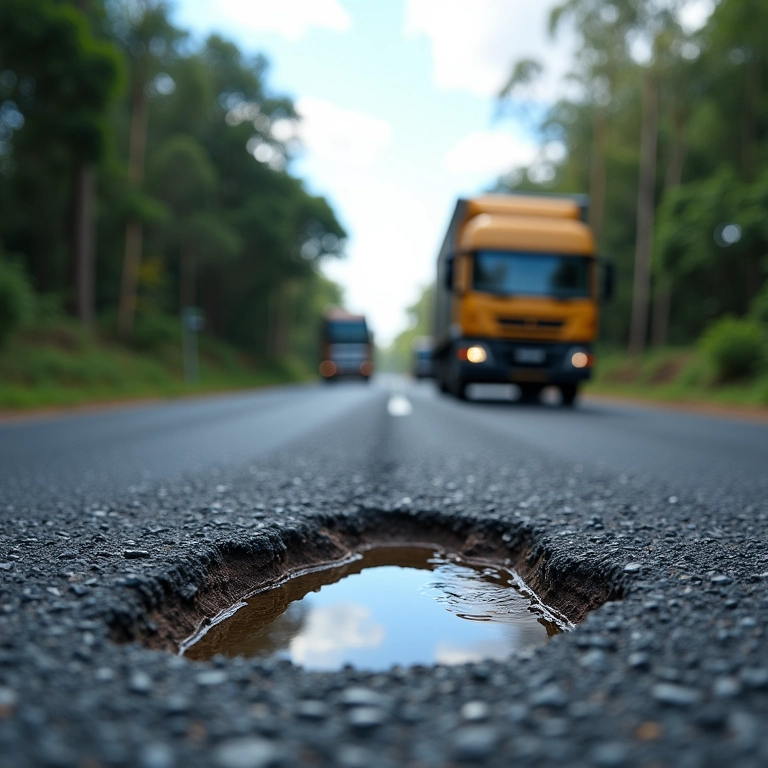 Caminhão de entrega enfrentando dificuldades em estrada esburacada no Brasil.