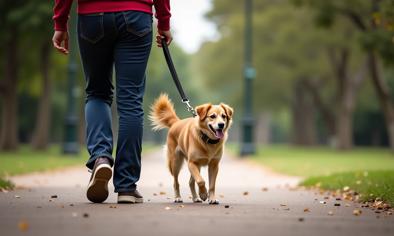 Cão caminhando na coleira com tutor no Parque Ibirapuera em SP.