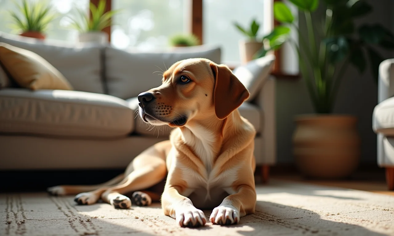 Cão concentrado praticando o comando 'Ficar' em sala com design brasileiro.
