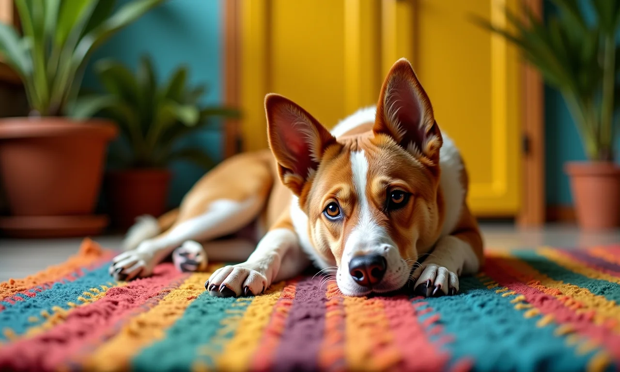 Cão deitado relaxado em tapete colorido em casa com design brasileiro.