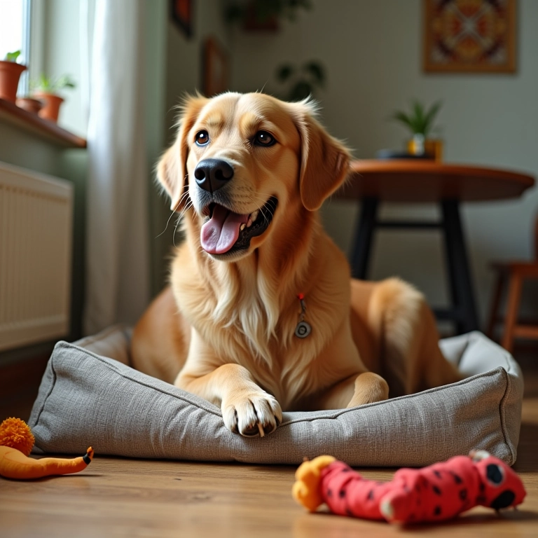 Casa pet-friendly em SP com um golden retriever feliz e brinquedos.