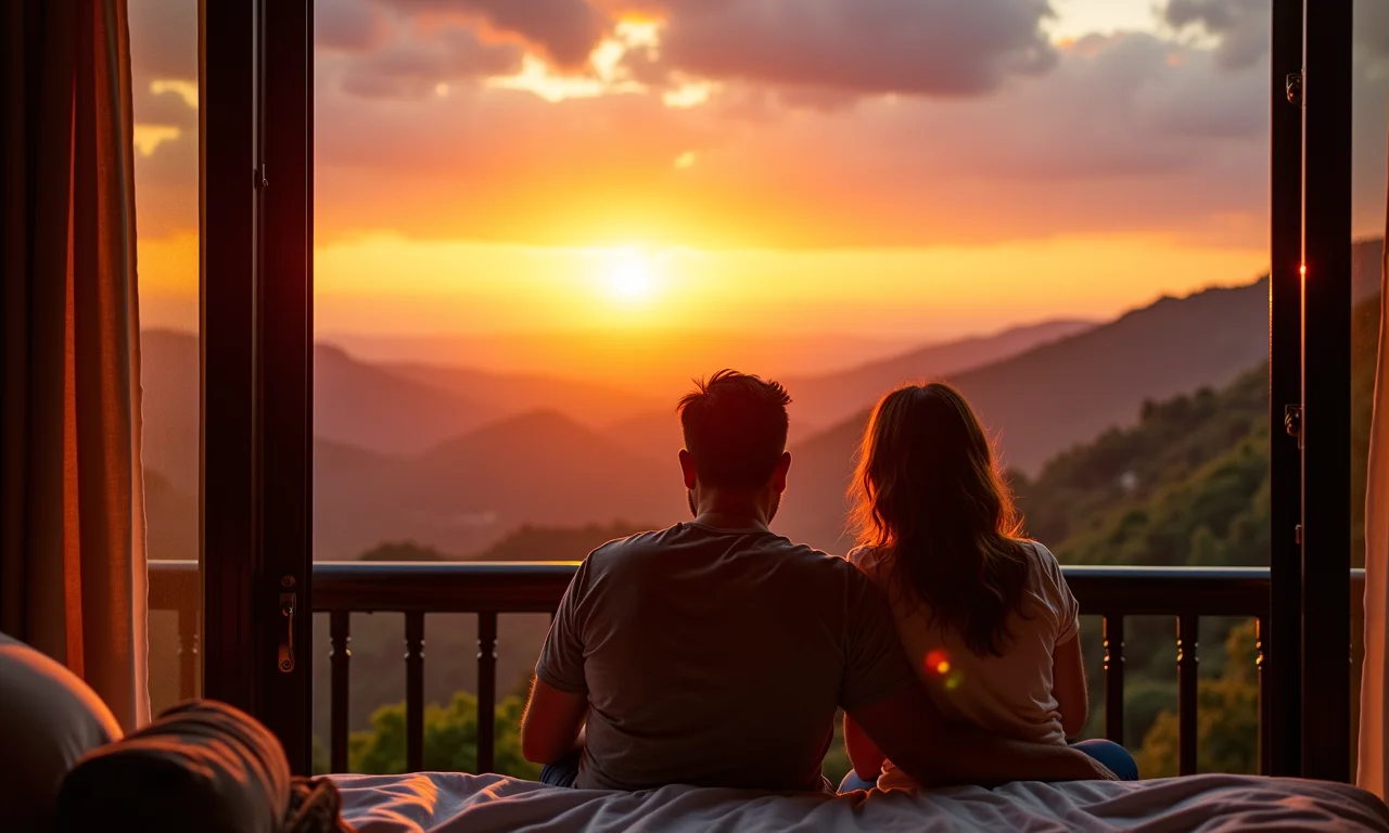 Casal admirando vista panorâmica da Serra da Mantiqueira em pousada
