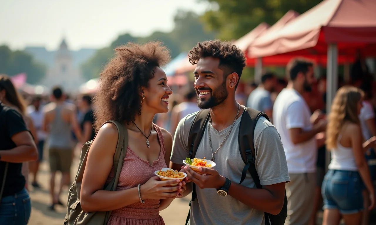 Casal aproveitando comidas de rua em festival de música.