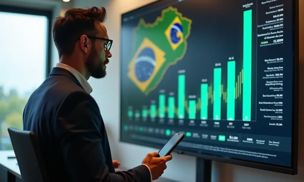 Importância do CFO O Papel Estratégico nas Finanças CFO analisando dados financeiros em escritório moderno com toques brasileiros.