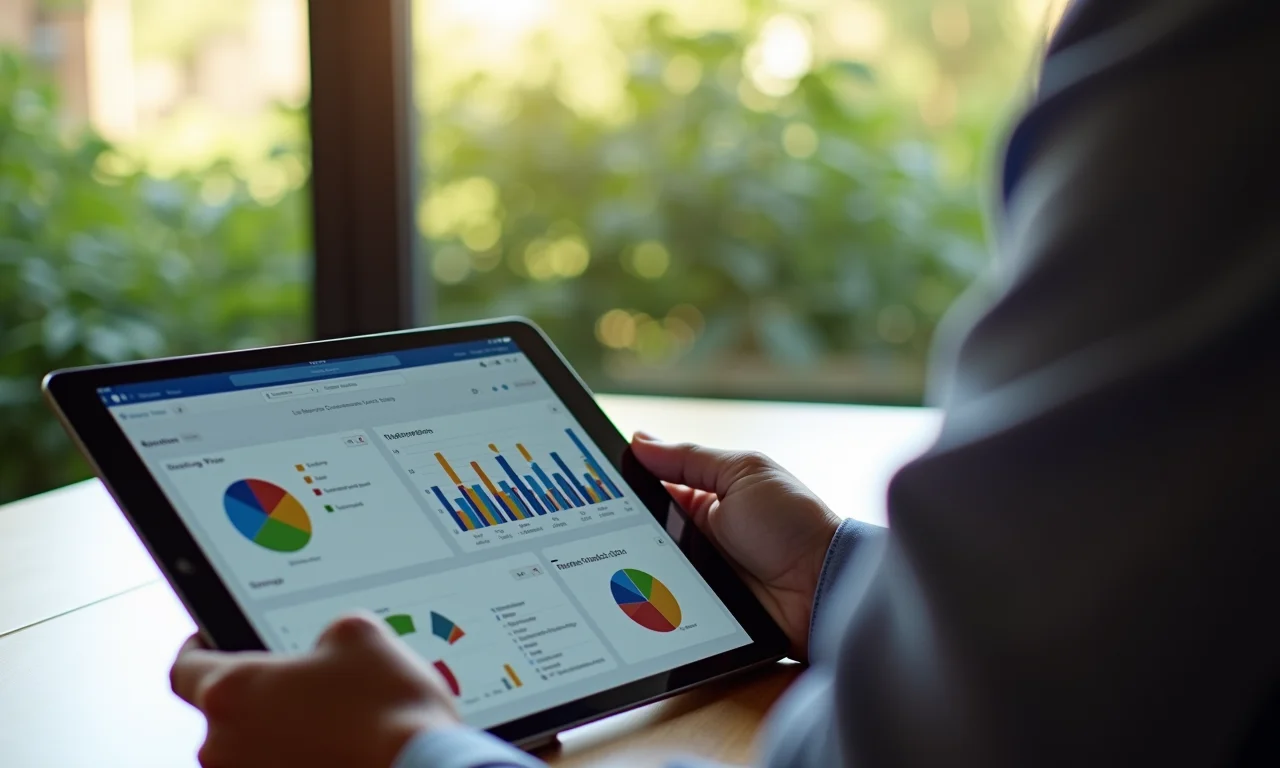 CFO analisando painel de dados em tablet em escritório moderno.